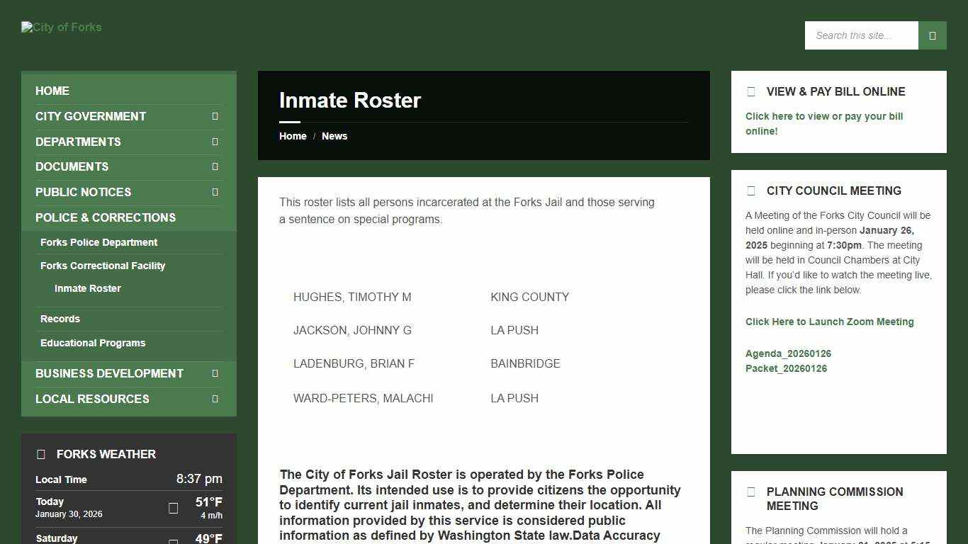 Inmate Roster – City of Forks